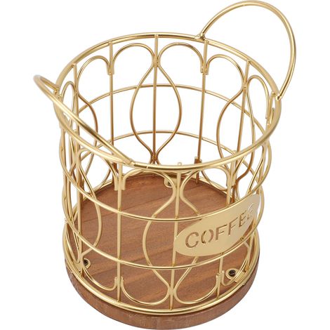 Kaffeekapselkorb, dekorativer runder Drahtkapselhalter mit Holzsockel, rostfreie Metallkonstruktion, beschwerter Sockel, für Café-Küchen (GOLD).