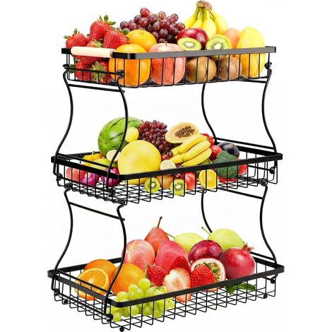 1 Corbeille à Fruits 3 Étages en Métal, Poignées en Bois, Design Démontable, pour Cuisine et Salle de Bain