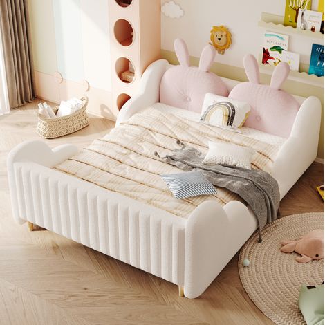 Cama adulto 140x200 cm - Cama doble - Con cabecero - Con somier de lamas - En teddy terciopelo - Blanco - Sin colchón (1/5)
