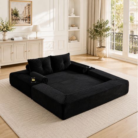 Divano letto 180x98x80 cm, con schienali in memory foam, tasche laterali, portabicchieri, tessuto corduroy nero (1/5)