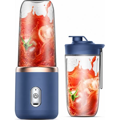Blender Portable Rechargeable Bleu, 6 Lames en Acier Inoxydable, 2 Gobelets et Couvercle Sport