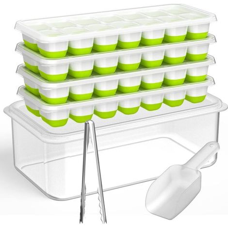 Bac à glaçons avec couvercle et bac, lot de 4 bacs à glaçons en plastique silicone pour congélateur avec glacière, bacs (1/4)