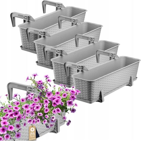 KADAX Jardinière Suspendue Extérieure 60 cm, Balconnière en Plastique Aspect Rotin avec Supports de Fixation Intégrés et Soucoupe (Gris, Lot de 4) (1/5)