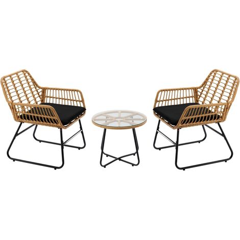 Gartenmöbel-Set HAVENA 2-Sitzer aus braunem Rattan mit schwarzen Kissen und Couchtisch