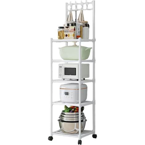 TrAdE Shop Traesio - Carrello Scaffale Portaoggetti Multiuso Da Cucina Bagno 5 Ripiani Con Ruote Ganci Bianco - (1/5)