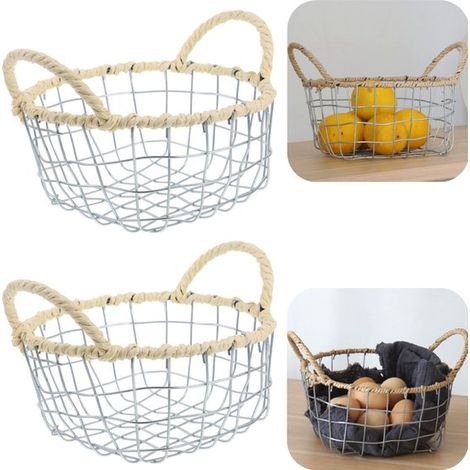 Panier de rangement en métal lot de 2 - corbeilles ajourées pour pain, fruits et snacks avec poignée, argent, 20 x 10 cm (1/5)