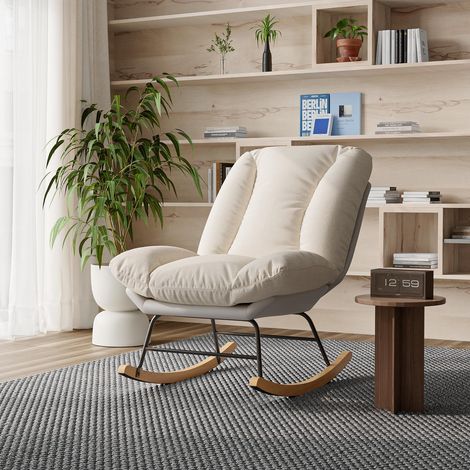Schaukelstuhl mit 5-fach verstellbarer Rückenlehne – ergonomischer Schaukelsessel für Wohn- und Schlafzimmer – Leinenstoff und Funktionsstoff – Beige