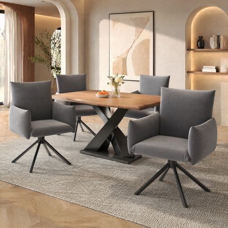 Sillas de comedor giratorias, lote de 4, terciopelo gris, con reposabrazos, 360°, 88 cm DESVIAE (1/5)