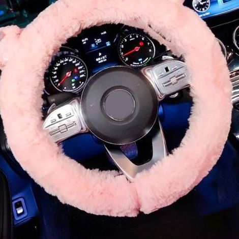 Housse de volant en peluche de 15 pouces, douce, chaude, antidérapante, design mignon, protection de volant pour voiture de femme, rose. (1/5)
