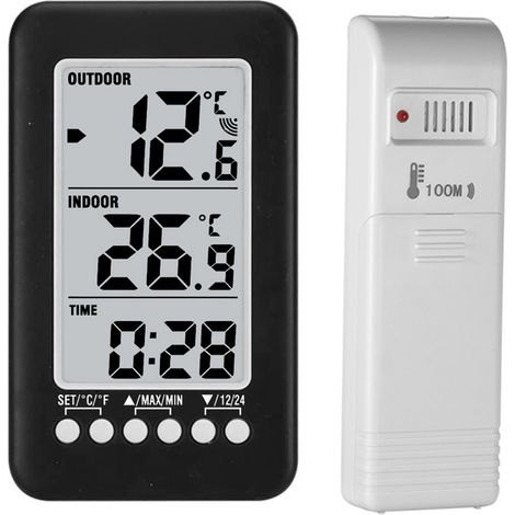 Thermomètre numérique sans fil LCD (°C/°F) d'intérieur/extérieur avec horloge et transmetteur (1/5)