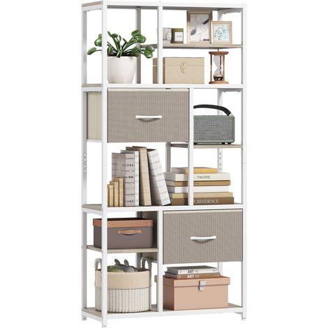 Étagère de rangement 6 niveaux, bibliothèque avec 2 tiroirs en tissu, 9 étagères ouvertes, 72,5 x 30 x 150 cm, blanc