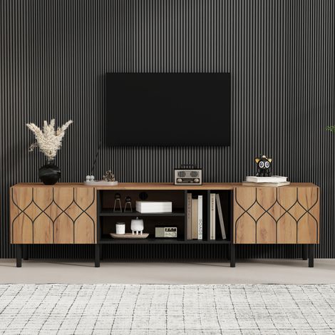 Mueble TV 180 x 40 x 50 cm con 2 puertas, 4 huecos abiertos, negro y madera natural OKMYHOME (1/5)