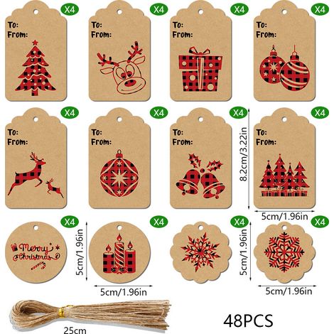 Étiquettes de cadeau kraft Noël 48 pièces avec ficelle chanvre (1/2)