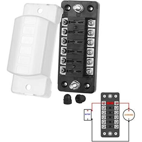 Caja de fusibles para automóvil de 12 V, 6 vías, para ATO/ATC, 1-20 A, conector de tornillo M5 de CC, portafusibles con fusible (6 vías sin polo negativo) (1/4)