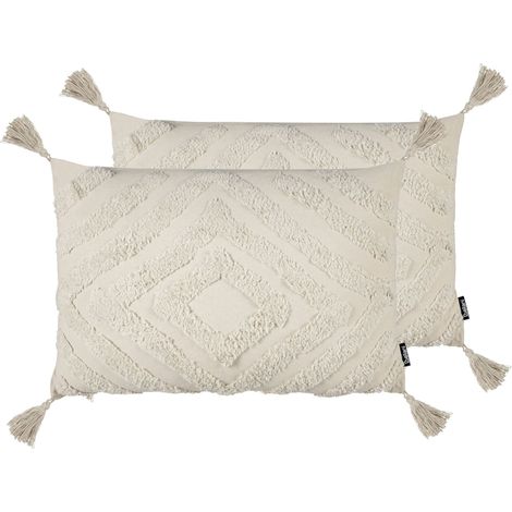 Dekokissen 2er Set Beige Baumwolle 60x40 cm Rautenmuster mit Fransen Getuftet Abnehmbarer Bezug für Sofa Sessel Bett Wohnzimmer Schlafzimmer (1/5)