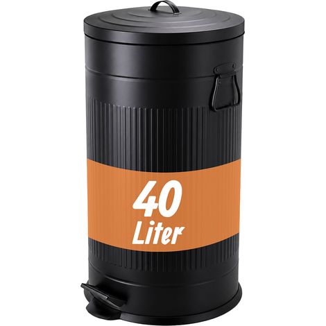 Relaxdays Mülleimer, 40 Liter, Küche, entnehmbarer Inneneimer, Fußpedal, Softclose, Metall, Retro Tretmülleimer, schwarz (1/5)