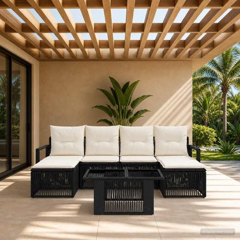 vidaXL Set Divano da Giardino 7 pz Nero e Bianco Crema polyrattan (1/5)