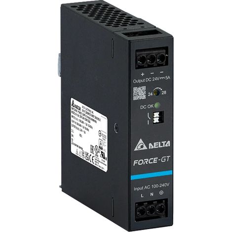 DRF-24V120W1GBA: DRF-24V120W1GBA: Delta para riel DIN 24V/5A, FORCE-GT, alta eficiencia, alta densidad de potencia
