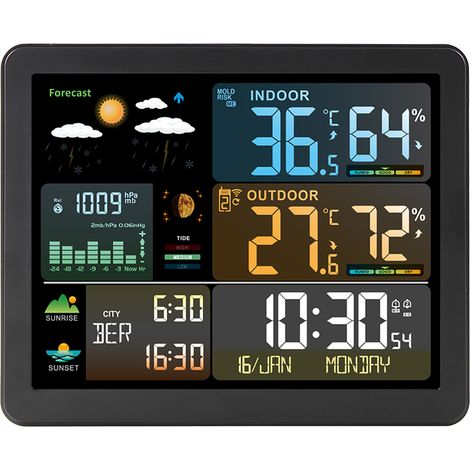 Station Météo Intelligente – Écran Couleur, Température/Humidité Intérieur/Extérieur, Compatible 3 Capteurs, Horloge, Alarme (1/5)
