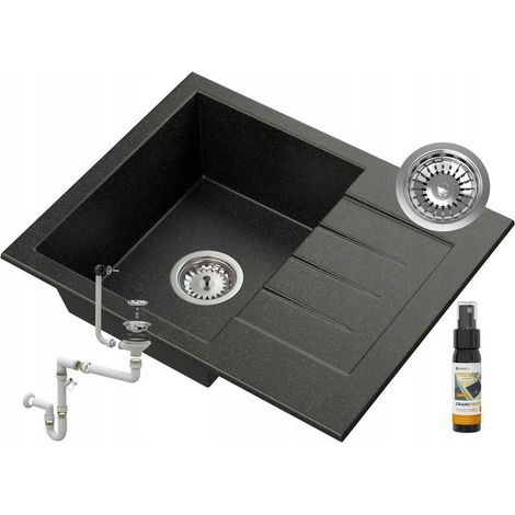 Évier de cuisine en granit noir Granitan Milano avec égouttoir réversible et siphon – 1 bac – 57,4x46,4 cm – Kit complet avec GraniProtect (1/5)