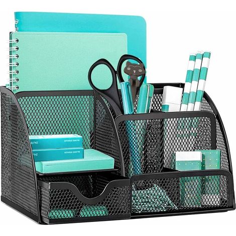 Organiseur de bureau en maille métallique pour fournitures de bureau – Indispensable pour les étudiants et les employés de bureau – Mesh, 5 compartiments de rangement, 1 tiroir (noir) (1/5)