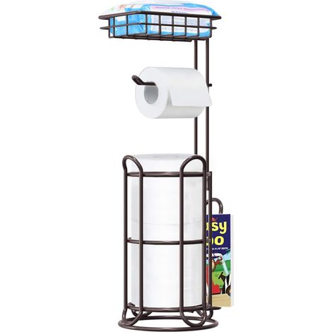 Toilet Paper Holder Stand with Shelf Tissue Holders for Bathroom Free Standing Bath Tissue Roll Holder Magazine Rack for Mega Rolls/Phone/Wipe-Black (1/5)