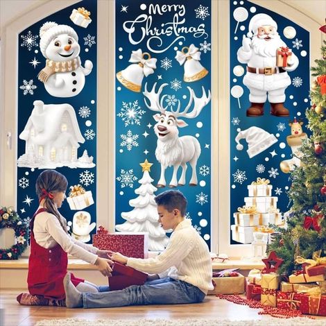 Stickers Noël Fenêtre 9 Feuilles Autocollant à Effet Stéréoscopique Blanc, Flocon de Neige Père Noël Renne pour Décoration Intérieur Maison (1/5)