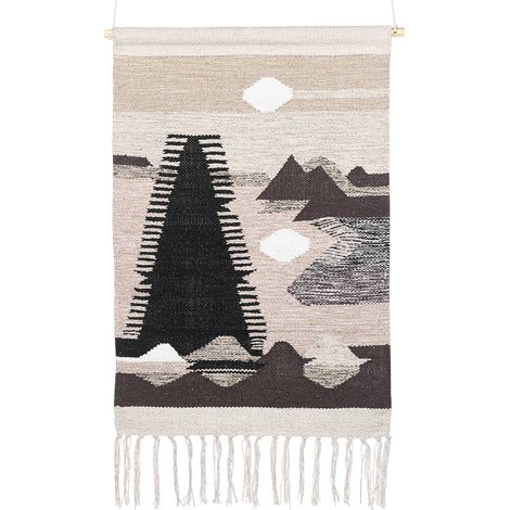 Decoración de pared de algodón negro beige 50 x 84 cm a mano paisaje borlas Sangar (1/5)