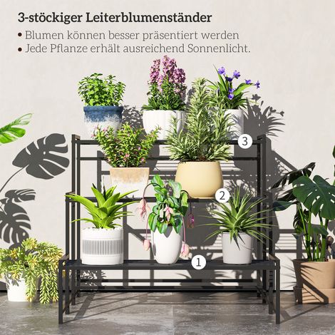 Support de pots de fleurs à 3 niveaux en forme d'escalier, étagère à plantes en métal noir pour intérieur et extérieur (1/5)