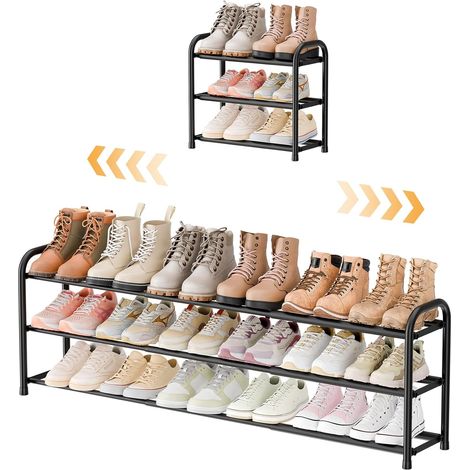 Porte-Chaussures Extensible 3 Étagères Réglables en Métal Noir (43 à 116 cm) - Rangement Chaussures Économique pour Entrée, Couloir ou Placard - Étagère Chaussures Gain de Place