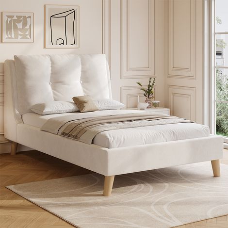 Lit rembourré 90 x 200 cm, velours beige, sommier inclus, tête de lit réglable, pieds en bois massif, cadre anti-glissement