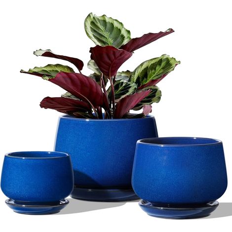 Pot de Fleurs en Céramique, 11+13+17 cm, Lot de 3, Pot avec Trou de Drainage et Soucoupe, Pot d’Intérieur avec Tapis en Maille, Bleu Saphir (1/5)