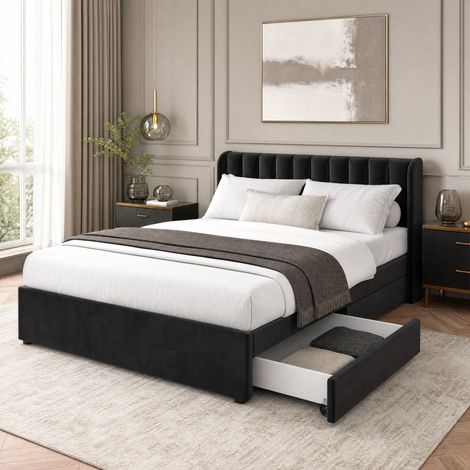 Letto matrimoniale 160x200 cm, con rete a doghe e 2 cassetti, in velluto nero, senza materasso (1/5)