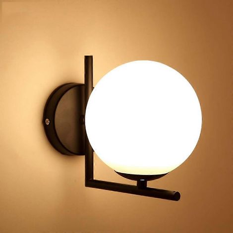 Applique murale moderne boule noire, abat-jour en verre blanc, culot E27, usage intérieur, dimensions 18 cm x 15 cm (1/5)