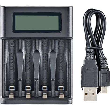 Akkuladegerät mit LCD-Bildschirm, intelligentes 4-Steckplatz-USB-Ladegerät für 4 AA- oder AAA-Batterien (1/5)