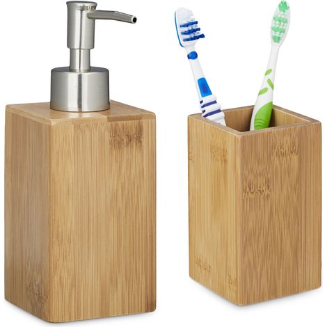 2 tlg Badutensilien Set aus Bambus, Zahnputzbecher, Seifenspender manuell, Lotionspender, natur