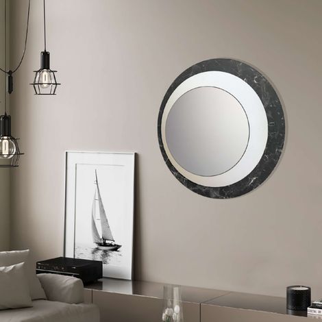 Specchio rotondo 80x80 cm in marmo laminato nero foglia argento - DAVID (1/2)