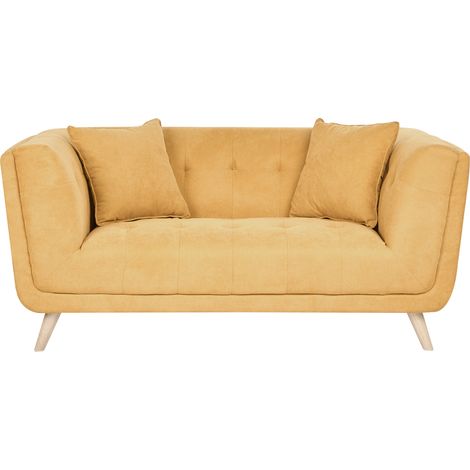 Sofá 2 plazas de tela con cojines decorativos patas de madera capitoné estilo retro mostaza Habo