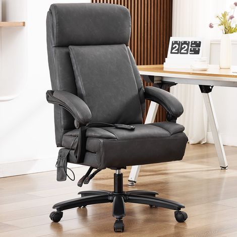 Fauteuil de bureau en cuir PU, coussin d'assise pliable, fonction massage, appui-tête et soutien lombaire, beige