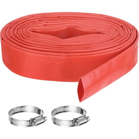 Tuyau de lavage de piscine de 3,8 cm x 15,2 m, tuyau de vidange renforcé en PVC plat pour pompe de vidange d'eau pour filtre de piscine, pompe de natation, avec 2 pinces, rouge (1/5)