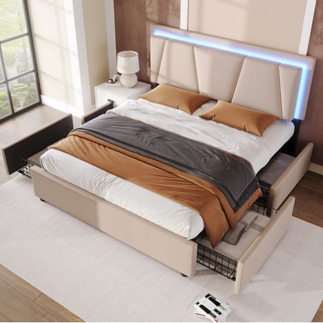 Polsterbett mit LED-Beleuchtung, 4 Schubladen 140x200 OKMYHOME (1/5)