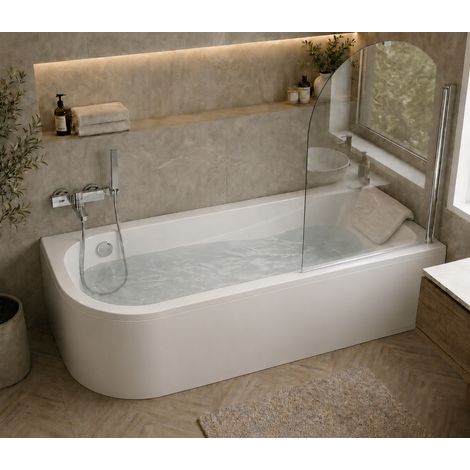 Baignoire d'angle asymétrique droite 170 x 75 cm - blanc - sans tablier, pieds, vidage chrome, pare - baignoire, repose - tête - OASIS (1/5)