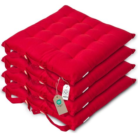 Galette de Chaise 40x40 cm, Lot de 4, Coussin de Chaise en Coton, Coloris Rouge