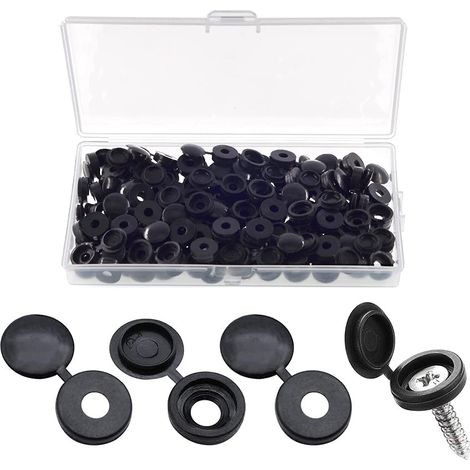 90 Pièces Bouchon à Vis en Plastique, Cache Vis à Charnière pour Les Vis Nombre 6/8, avec Boîte de Rangement, Couvercles à Bouton-Pression à Vis pour Meubles, Placards, Étagères, Noir (1/5)