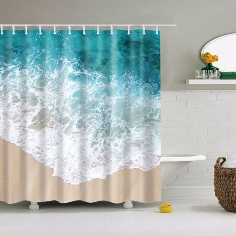 Rideau de douche à motif coquillages, étoiles de mer, conques, palmiers bleus, coucher de soleil, paysage naturel, décoration de salle de bain, 200 x 180 cm (78 x 70 pouces),