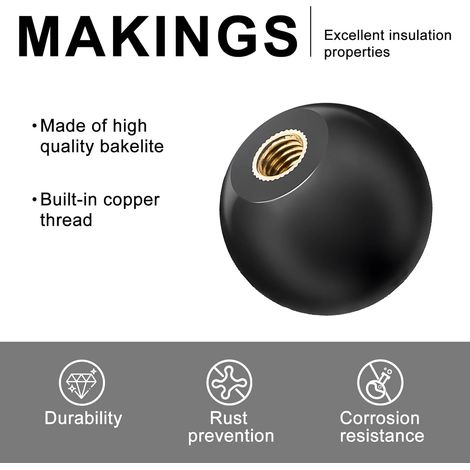 LALAGO M10 Bouton de levier à bille, 10Pcs M1035mm Poignée Boule Ronde, Poignée de Isolant Bouton de Boule de BakéLite Noire, Filetage Femelle Rond écrou en Cuivre, Accessoires pour Machines-Outils