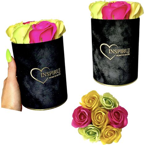 Flowerbox Inspiruj - Scatola nera con rose di sapone - n. 17 Mix fucsia verde giallo (1/5)