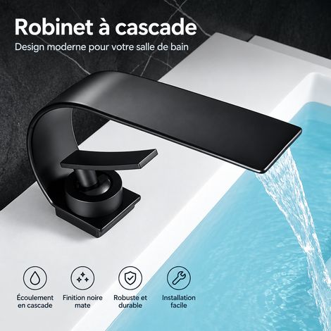Mitigeur Lavabo Cascade Grand Bec Courbé Noir avec Flexibles de Raccordement Robinet Salle de Bain 25 × 19 × 7 cm – Livraison gratuite