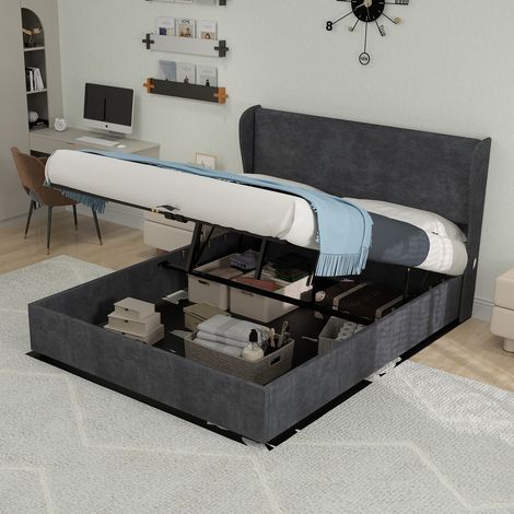 REDOM Lit coffre 140x200 cm coffre à vérins tissu et métal tête rembourrée en velours gris (Sans matelas)