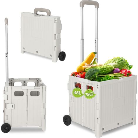 TolleTour Carrello spesa pieghevole 45L con coperchio, 2 ruote, trolley box per spesa e casa, bianco